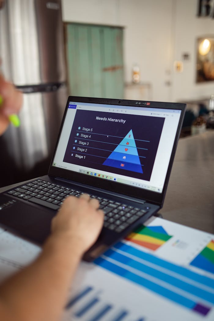 A person analyzing Maslow's Hierarchy of Needs on a laptop screen with charts on the table.